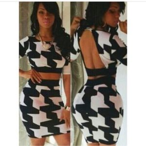 Hounds tooth printed 2 piece skirt set